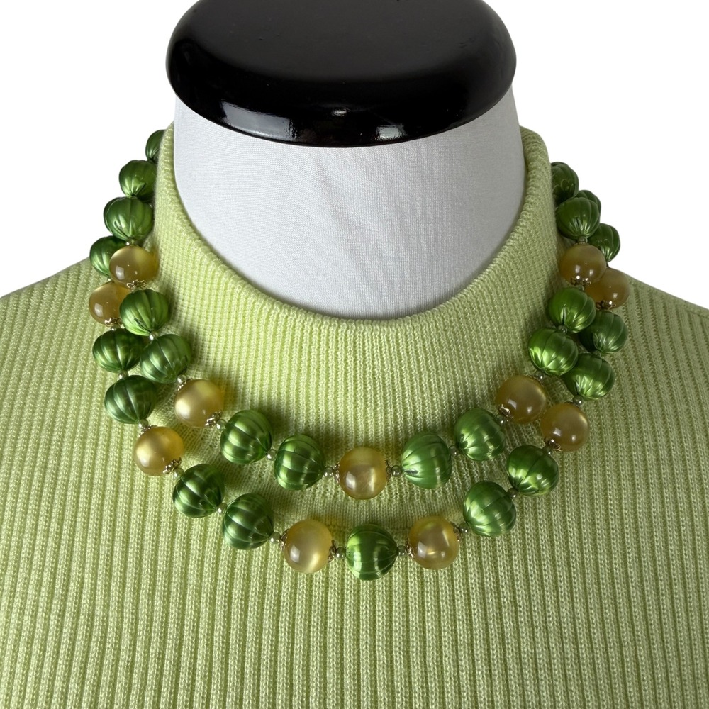 Vintage Japan Double Strand Green Ribbed & Champagne Satin Bead Necklace 18in